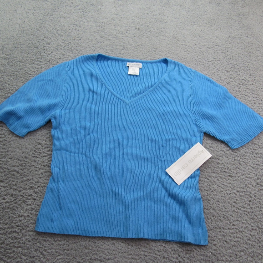 Pierre Cardin Blue Ribbed Knit V-Neck Short Sleeve Top Womens Large